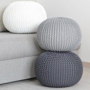 New set of 3  Knitted Pouf Set cream , light gray and olives.